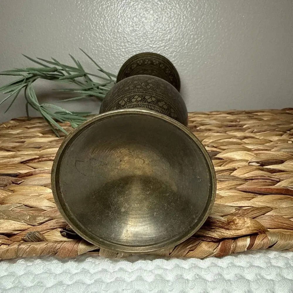 VTG Hand Etched Aged Brass Vase 10” Tall Engraved Indian Middle Eastern Decor
